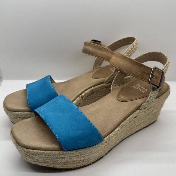 Eileen Fisher Blue & Tan Espadrille Platform Wedge Sandals Shoes Womens 7 - Picture 4 of 10